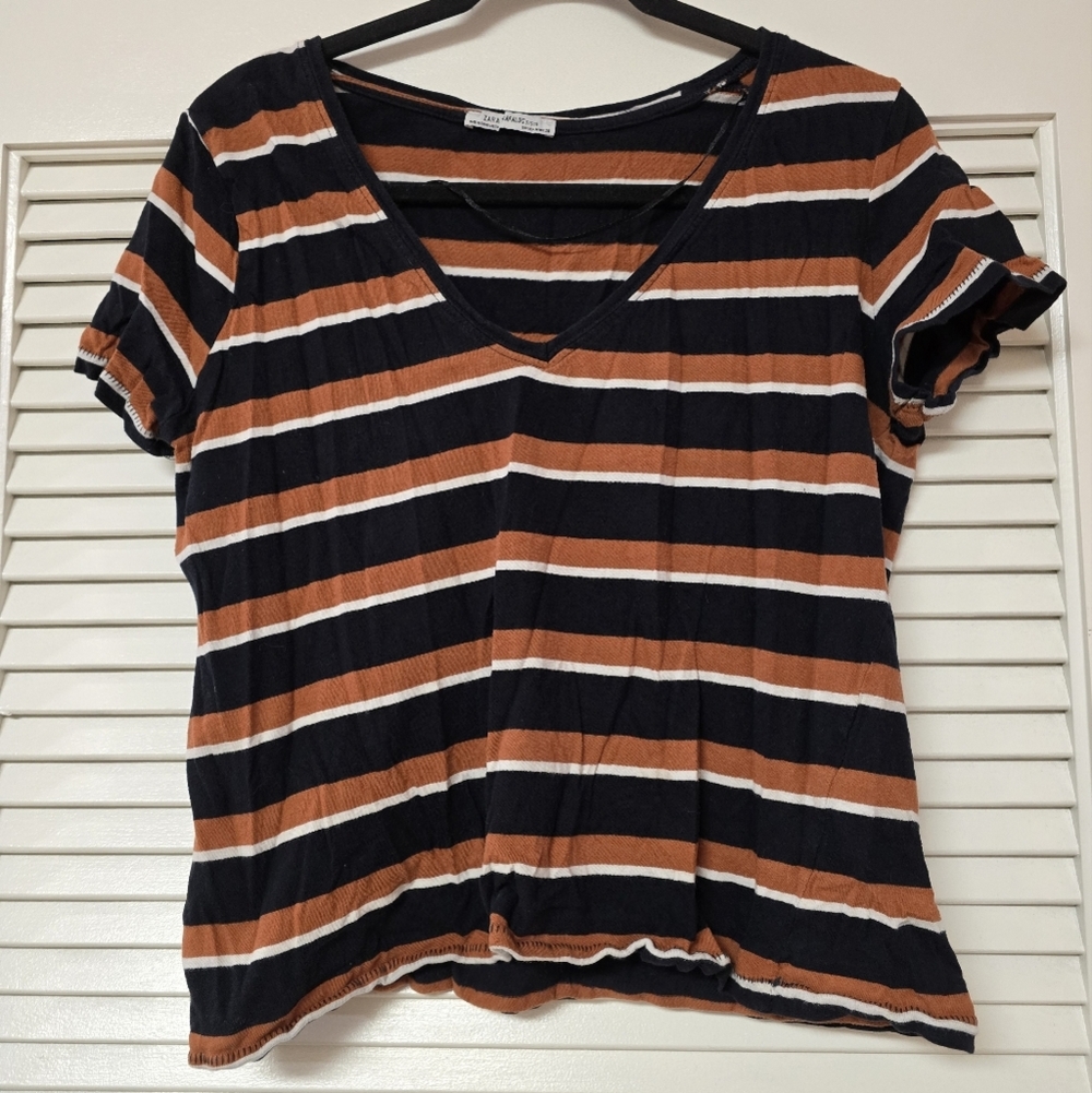 Zara - Stripe Short-Sleeve V-Neck Relaxed-Fit Top